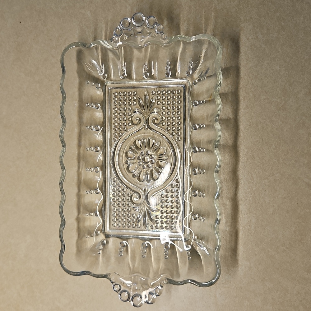 Vintage Anchor Hocking #156 Rectangle Glass Relish Dish 1950s 7x5 Beaded Handles